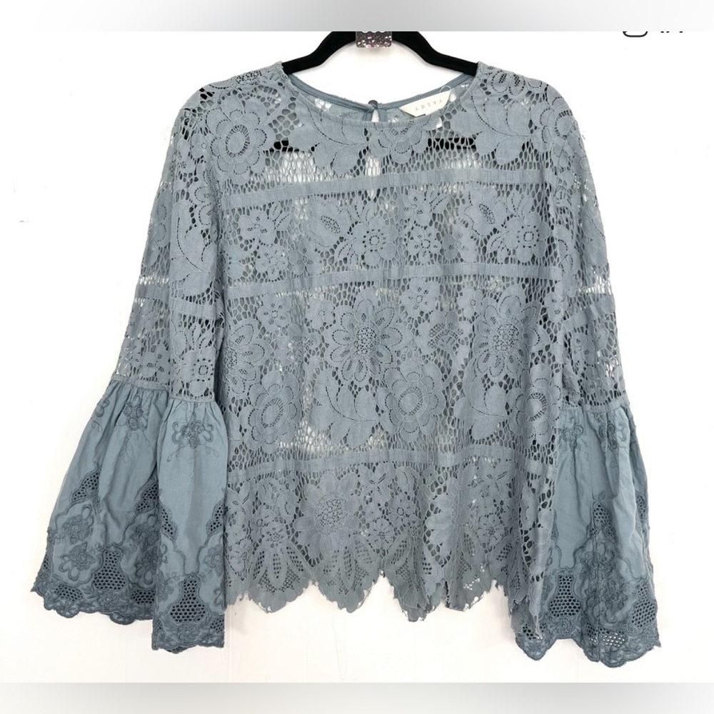 Adiva blue-grey lace top with bell sleeves, size L